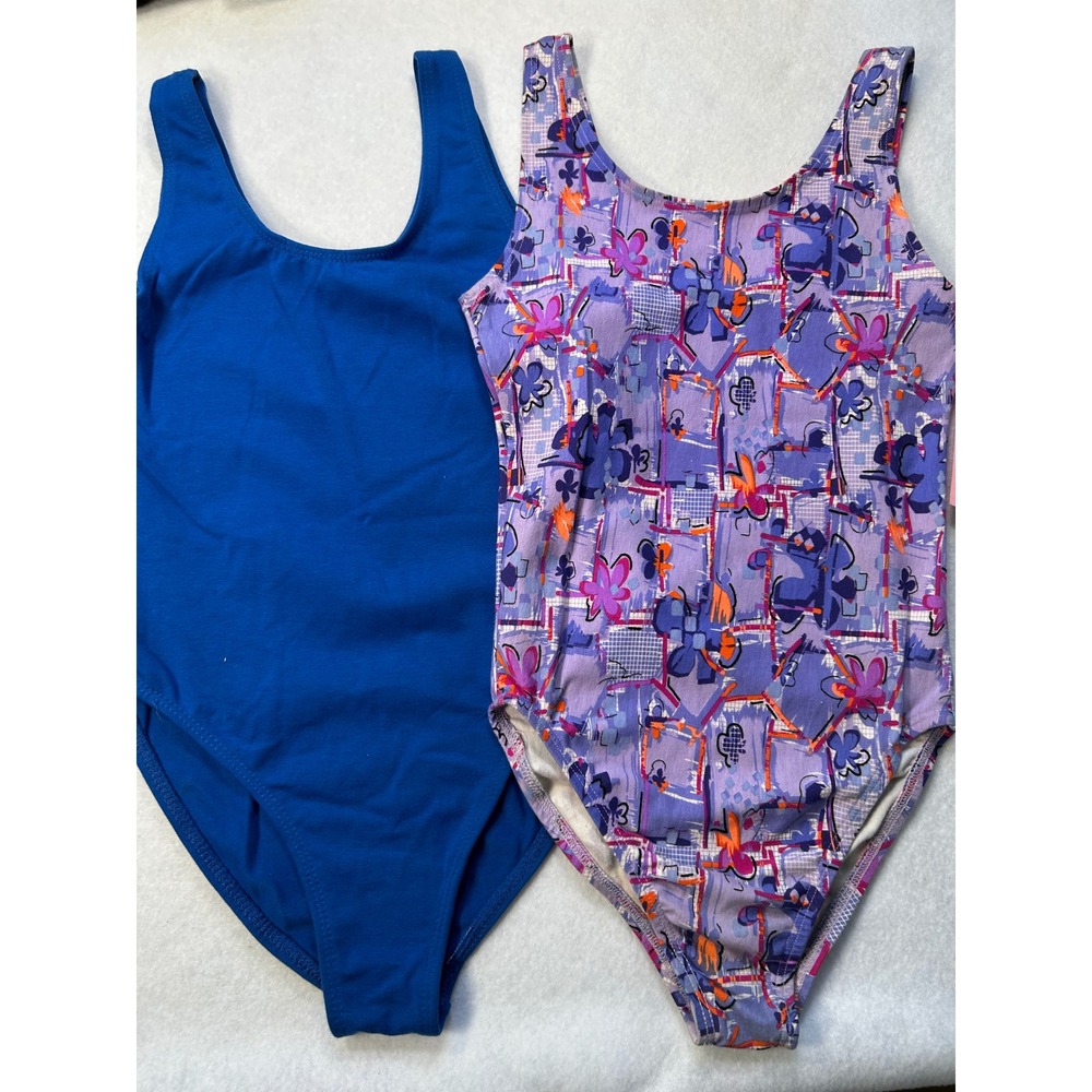 Vintage Jenni Rose Body Flex Kids Leotard Set 12/14 Blue Purple Floral 90s USA